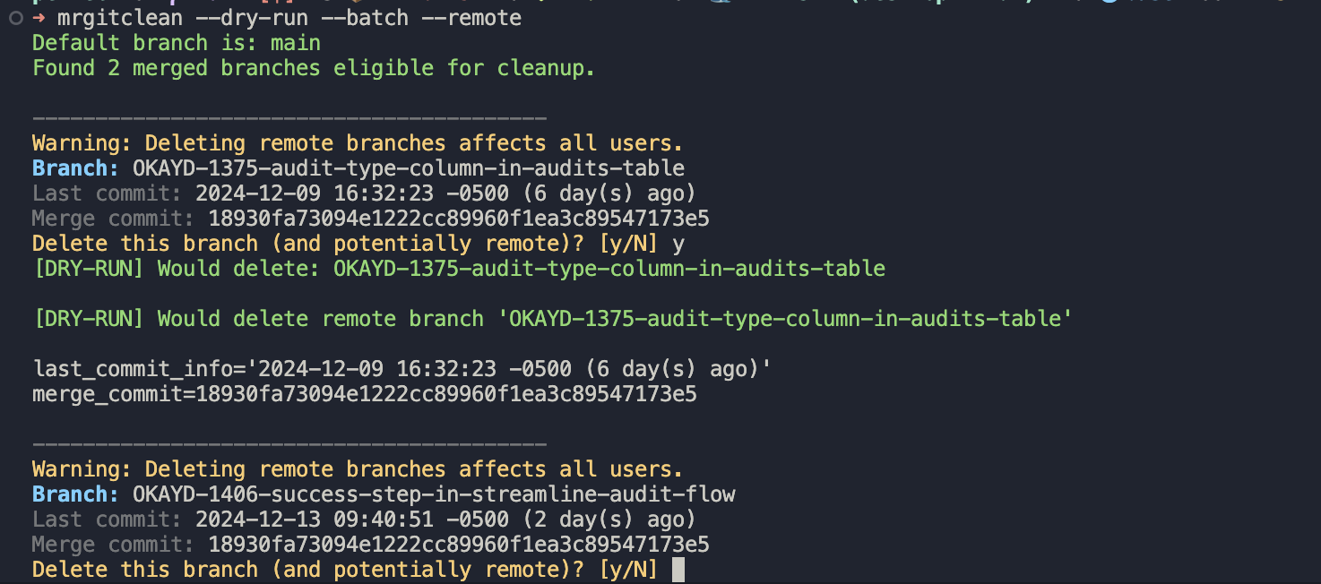 terminal with mrgitclean output and options being displayed