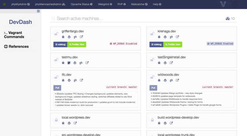 Page showing various wordpress development tools in use on a website called devdashboard.com