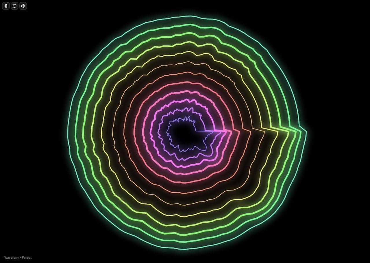 Waveform forest neon green yellow pink purple lines on black background screen shot of a wallpaper app showing different waves.