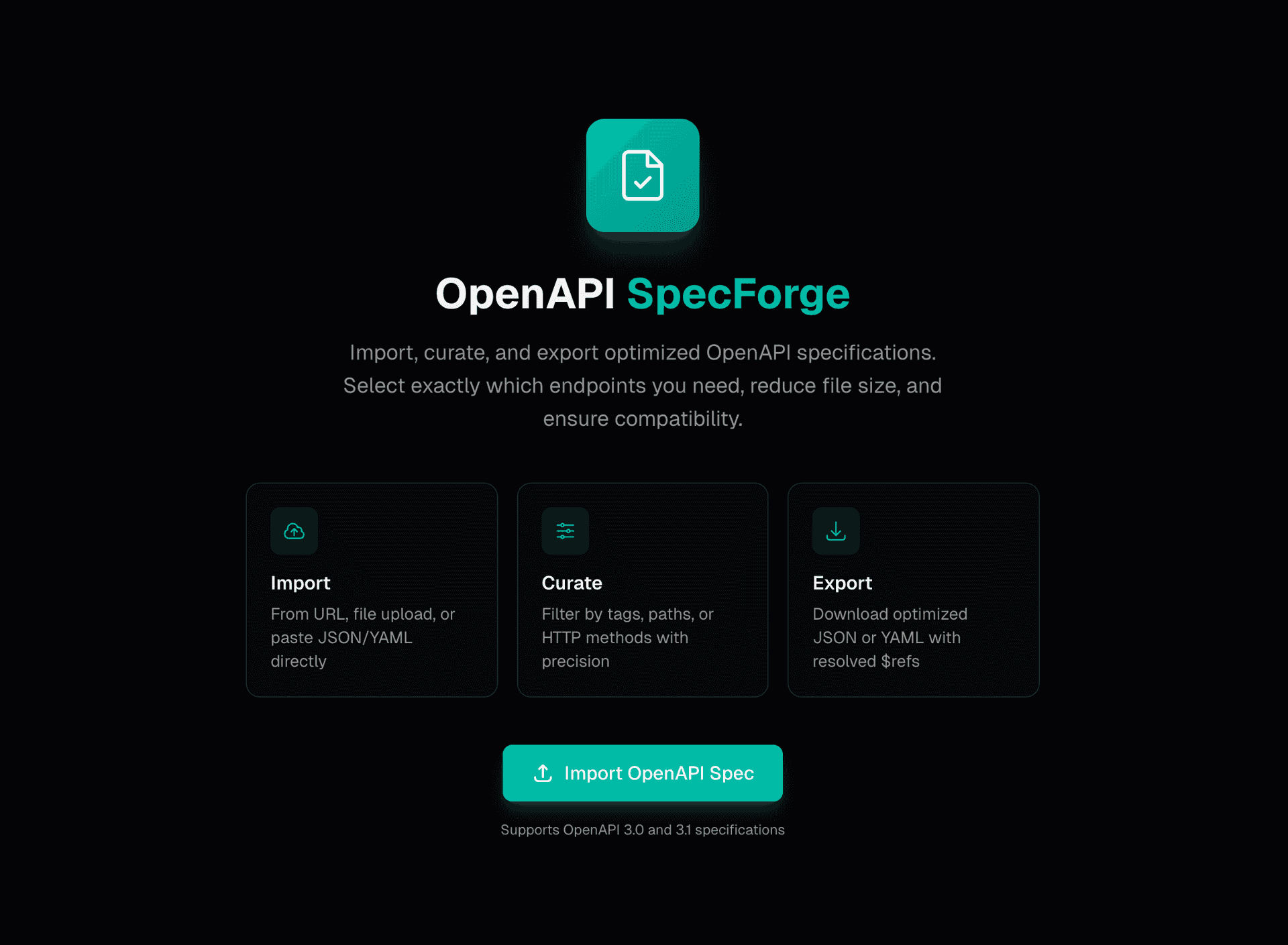 import curate export openapi specforge web site page layout information graphic icon on black background.