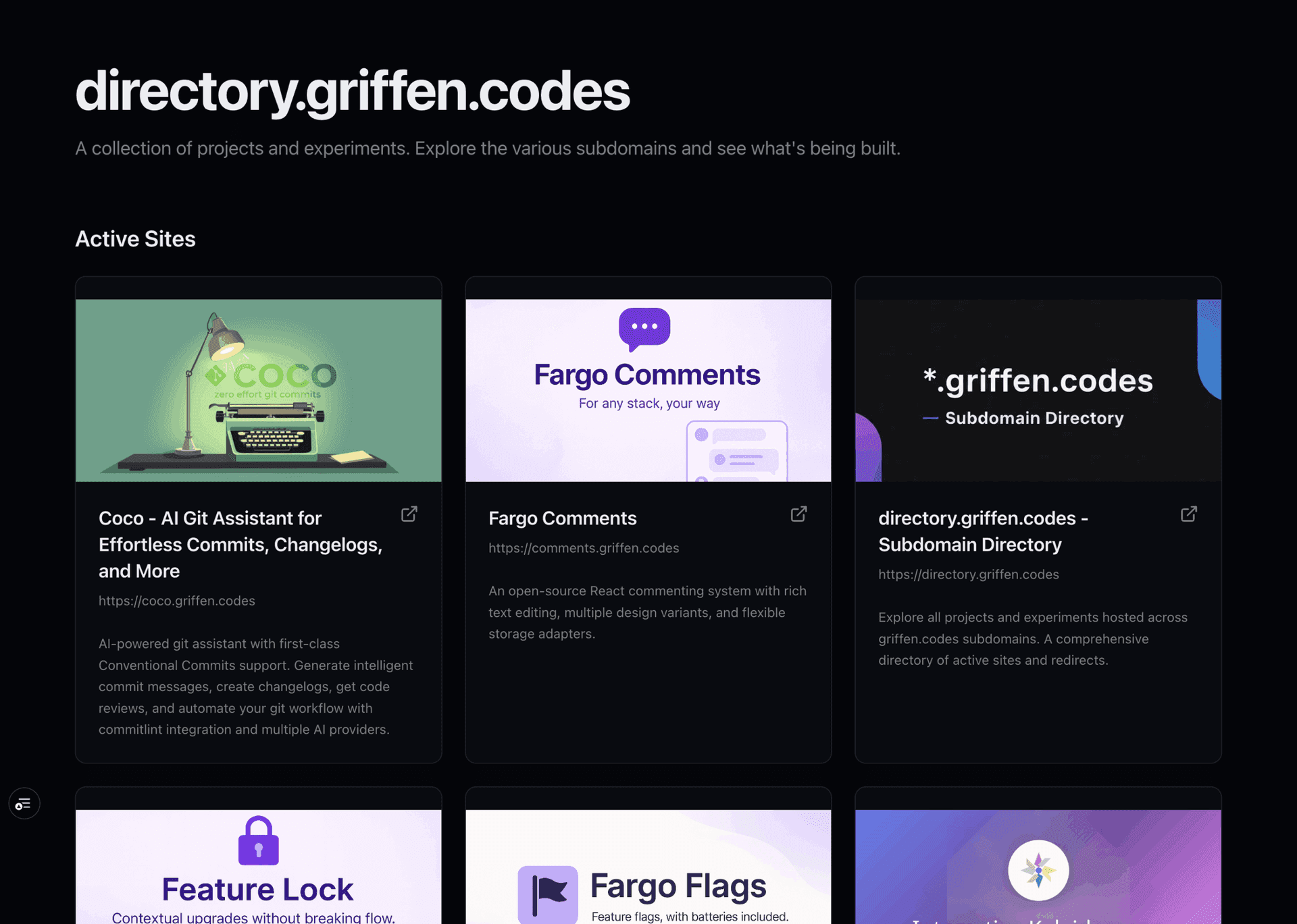 Subdomain directory page from griffen.codes website