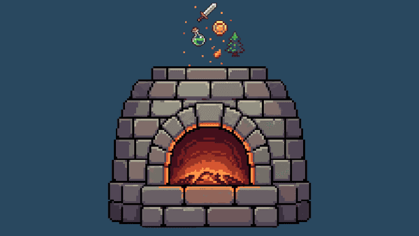 A pixel art stone kiln glowing with embers, with a sword, potion, badge, and tree sprite floating up out of it like sparks