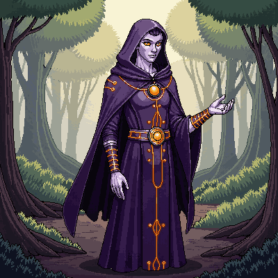Illustration of a welcoming figure extending an open hand in a sunlit forest clearing