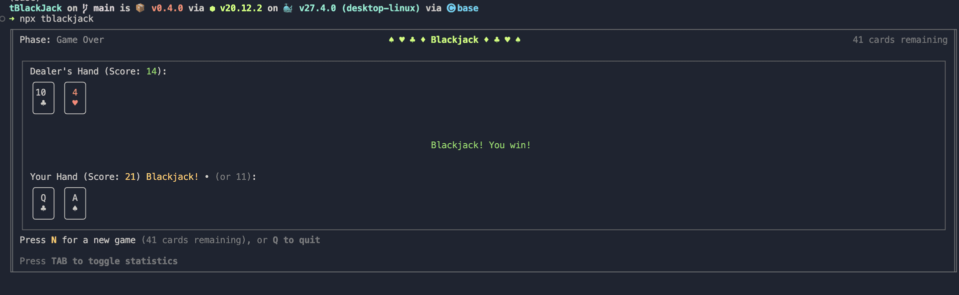 blackjack game over you win
